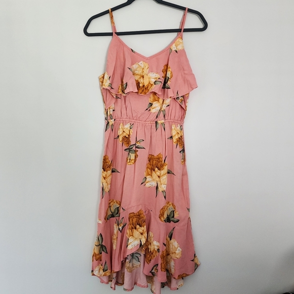 MINKPINK Dress Womens Medium Pink Floral Ruffle Midi - Picture 1 of 5